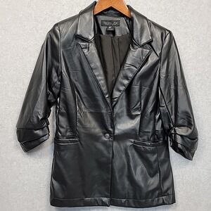 RACHEL ZOE Black Faux Leather 1-Button Blazer Size M 3/4 Ruched Sleeves Chic EUC